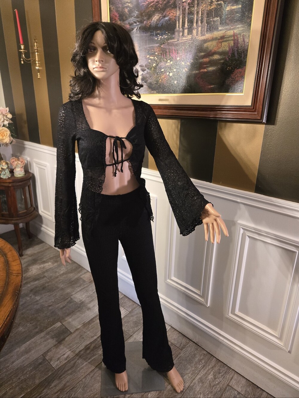 Fashion Nova Black Lace Tie-Front Crop Top with Flare Pants Set